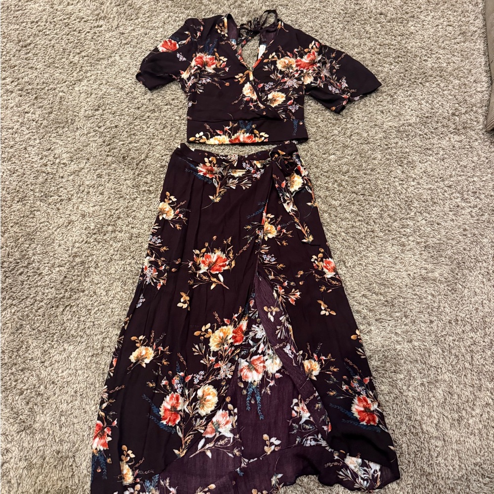 Band of Gypsies Black Floral Wrap Maxi Skirt and Top Set